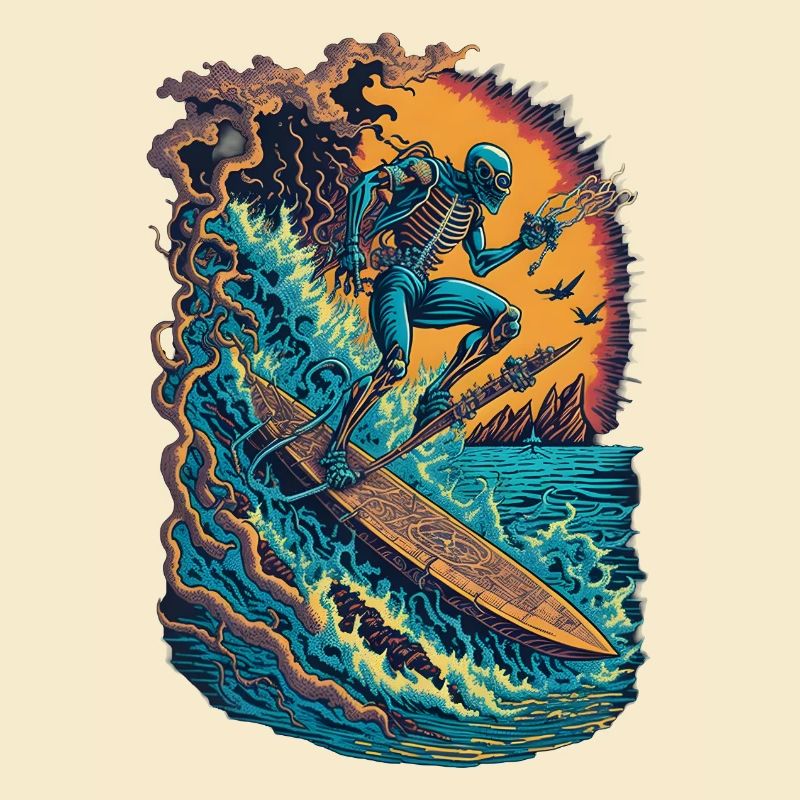 Skeleton Surfer Skull Surfing Comic Style Drôle