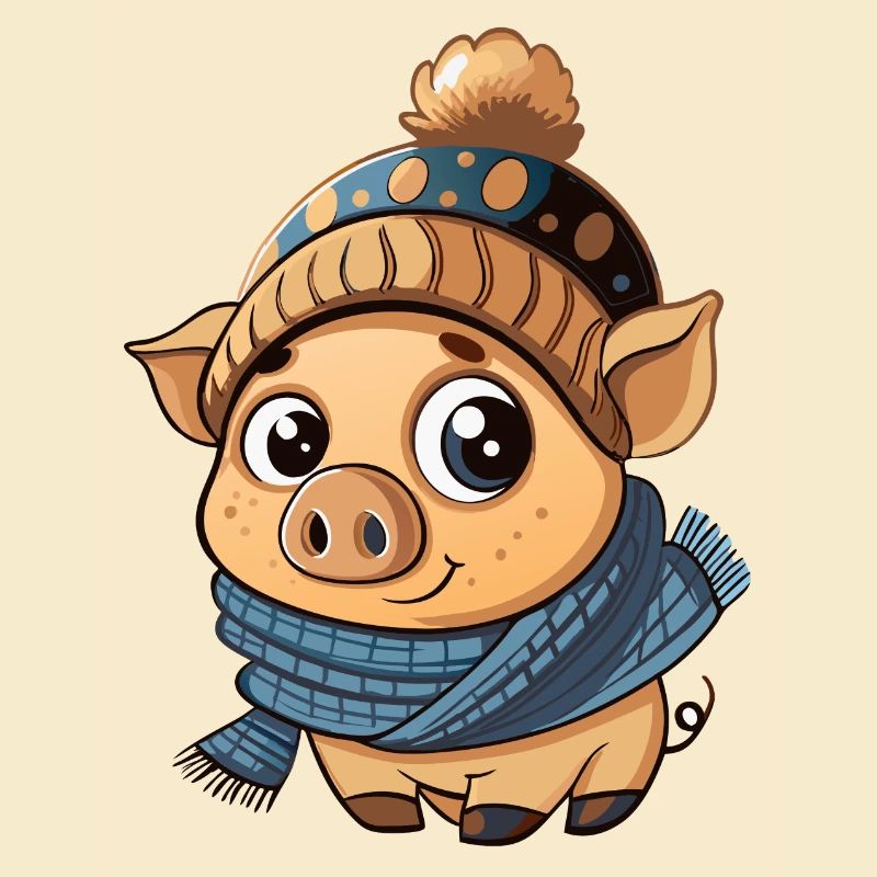 Mignon cochon avec écharpe et chapeau à pompon.