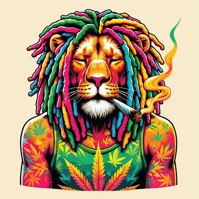 Ein Löwe mit Dreadlocks raucht einen Joint