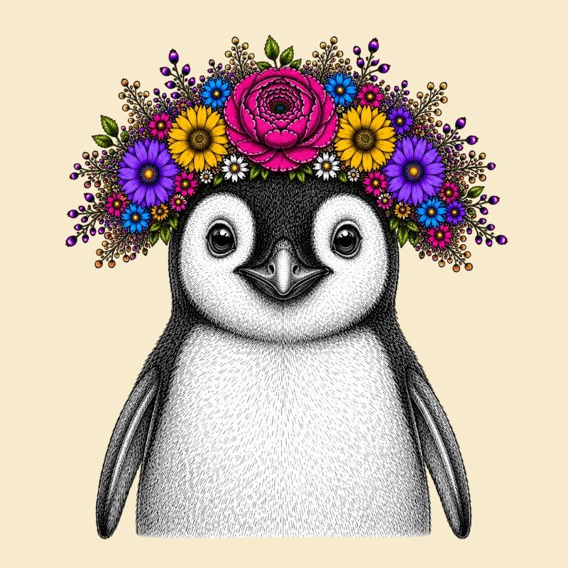Pingouin avec couronne de fleurs