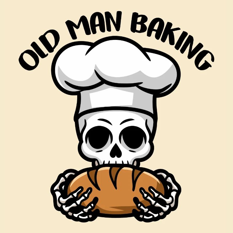 Funny Baker Skull with Bread. Old man bakes