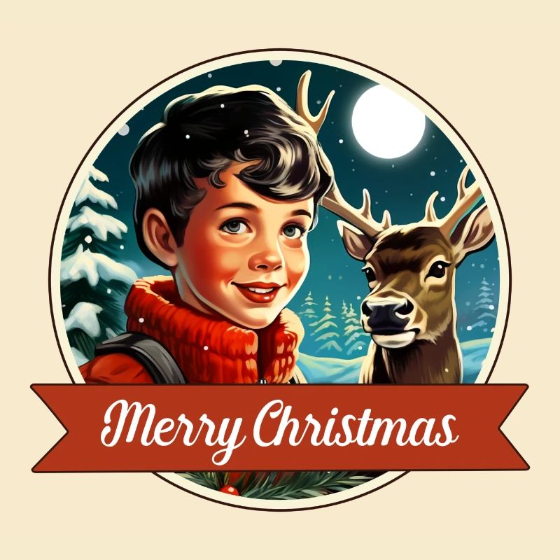 Junge und Hirsch im Winterwald