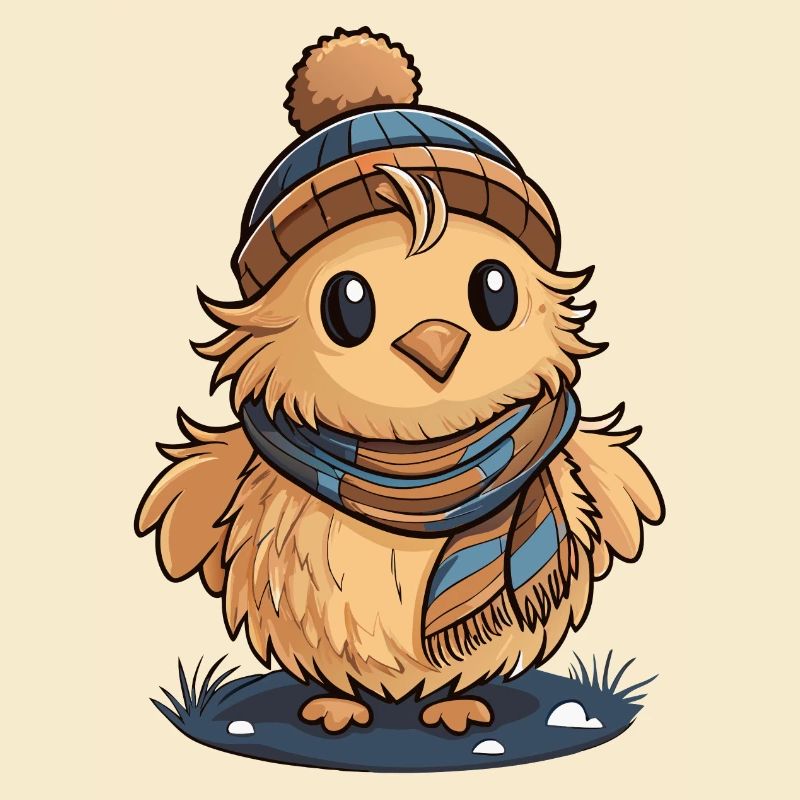 Mignon caneton avec écharpe et bonnet à pompon.