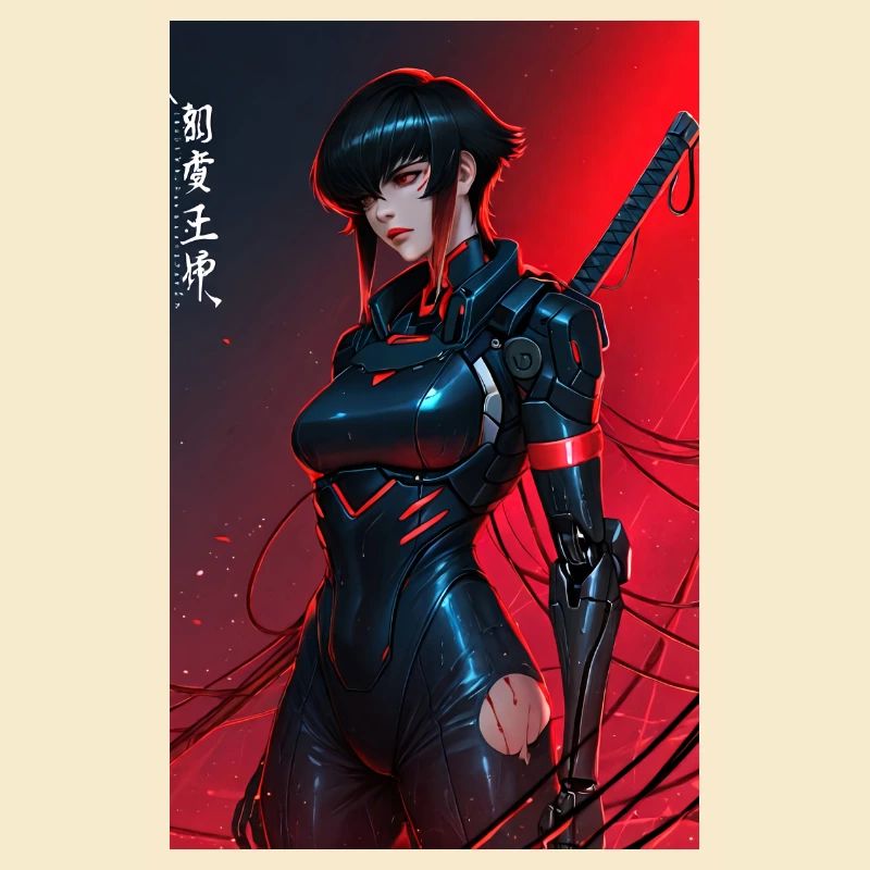 Samouraï cyberpunk câblé rouge avec Katana