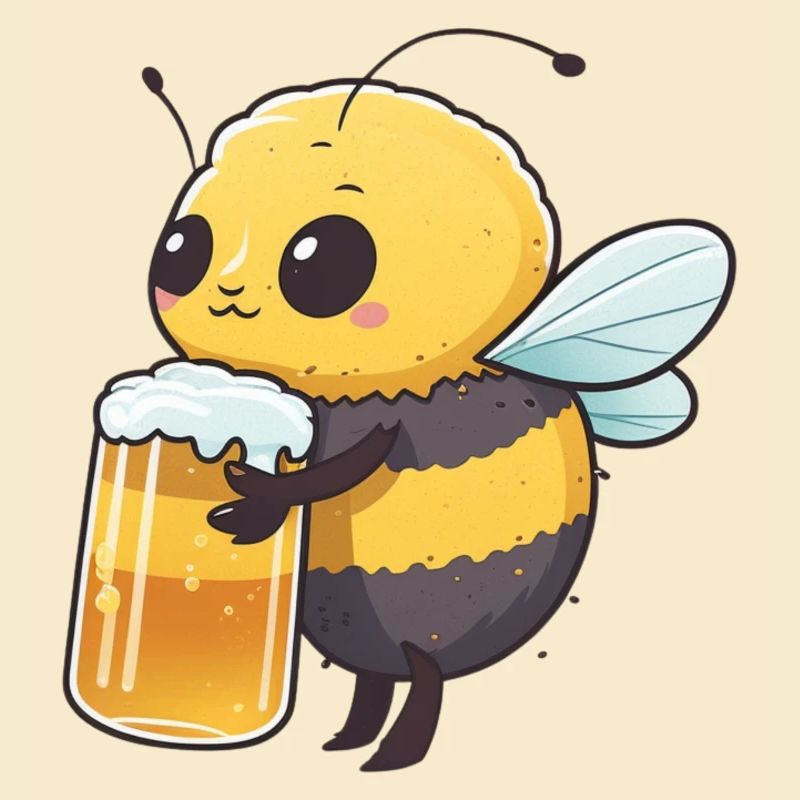 Cute bee drinks a big beer
