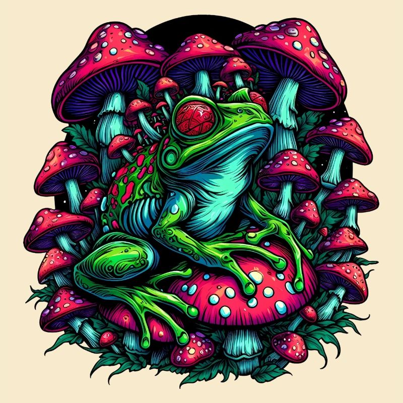 Psychedelic frog with mushrooms