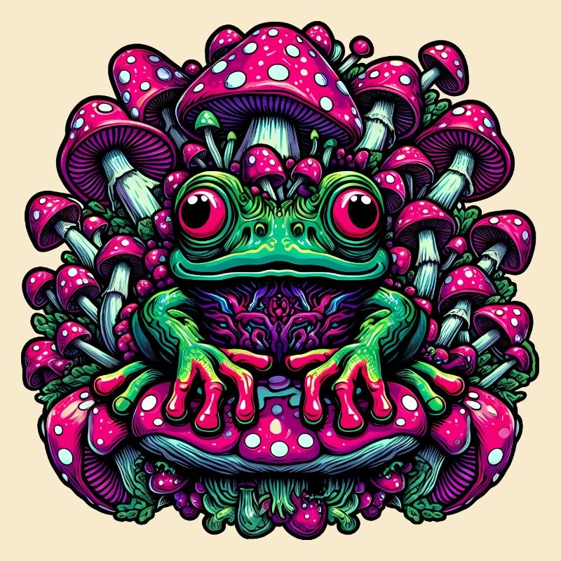 Psychedelic frog with mushrooms