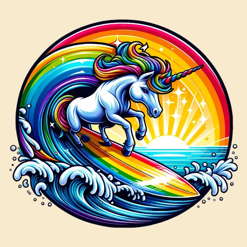 Surfendes Einhorn auf Regenbogenwelle