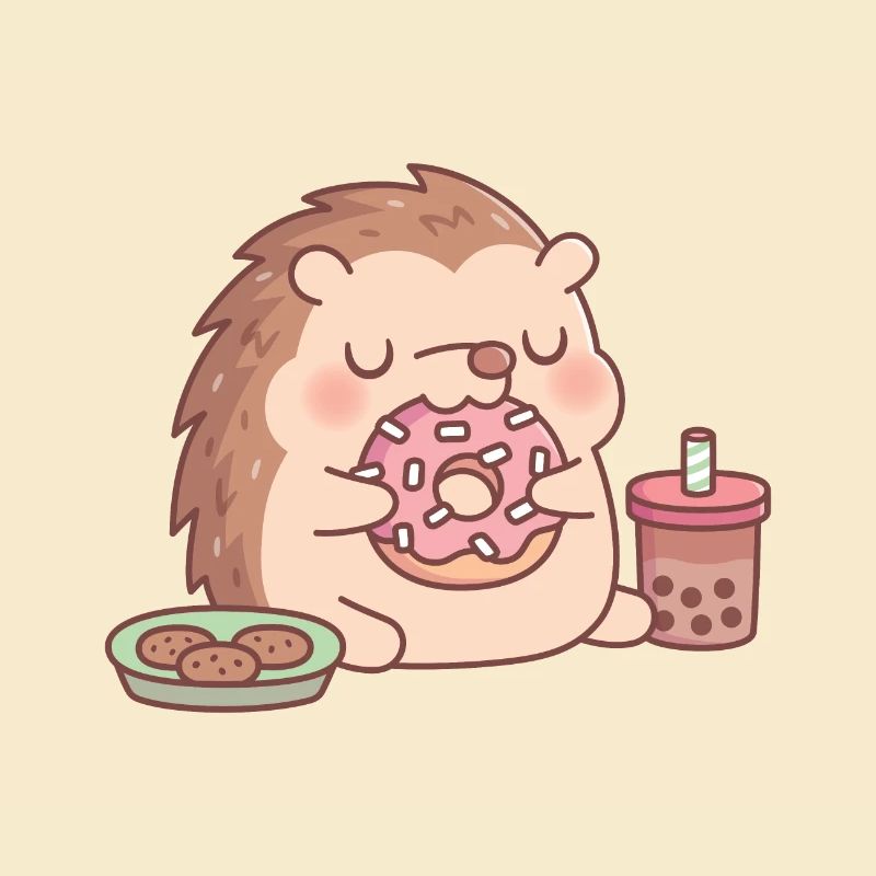 Hérisson mignon mangeant des biscuits beignets et du thé boba