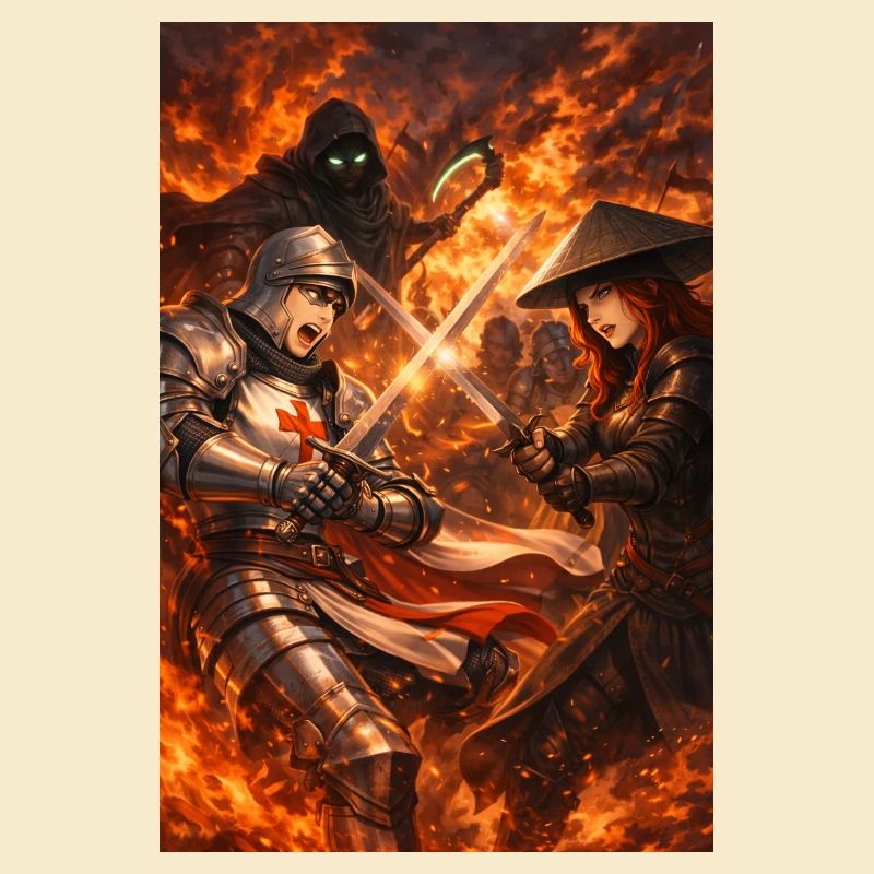 Duel de chevaliers dans la tempête de feu