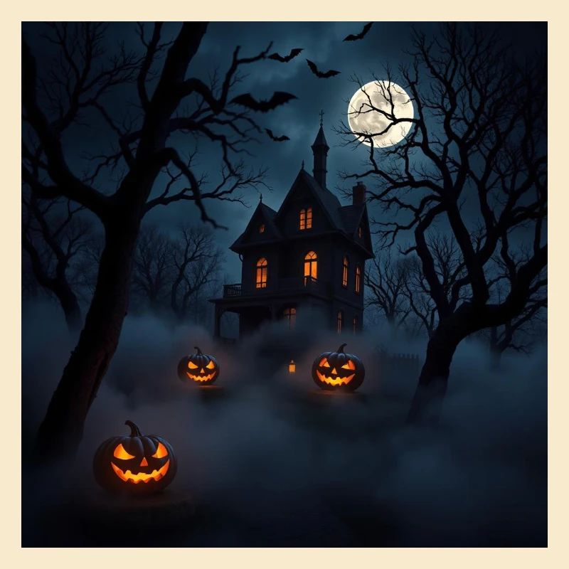 Maison hantée sous lune et citrouilles