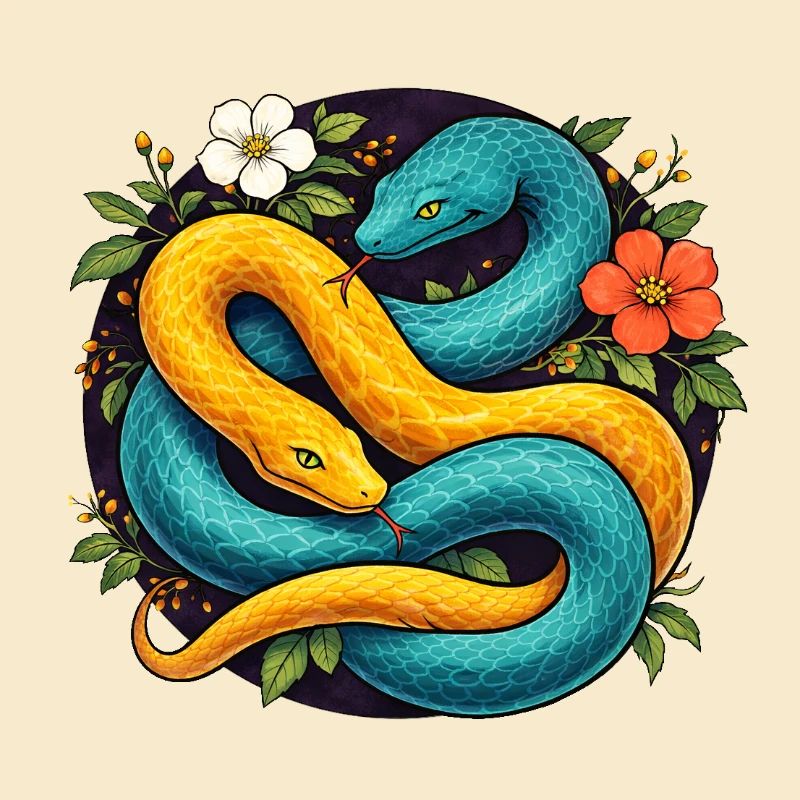 Deux serpents python dans l’anneau fleuri
