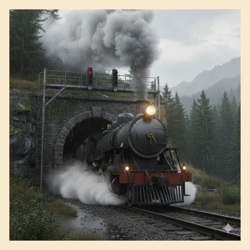 Train à vapeur à travers la forêt au tunnel