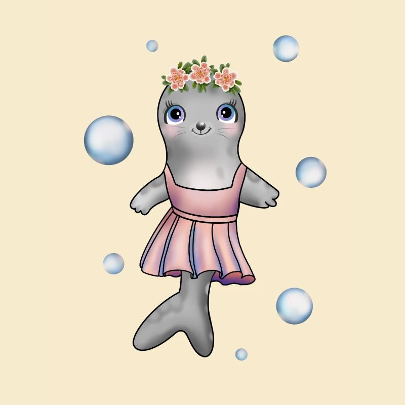 Petit bébé phoque avec couronne de fleurs et robe