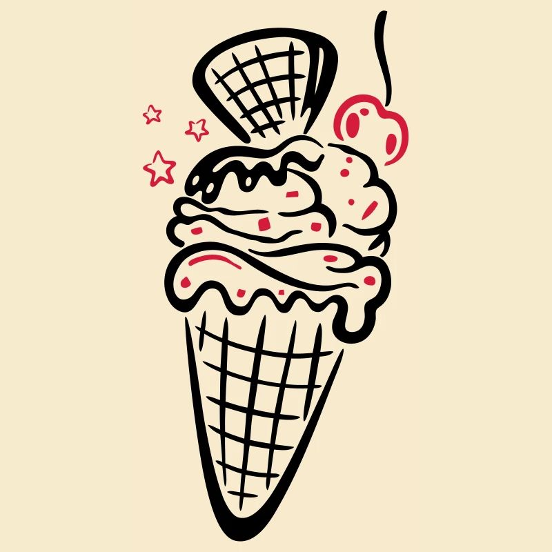 Ice cream with waffle, cherry and stars