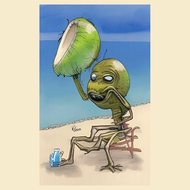 Crazy Comic Alien on a beach with a space coconut