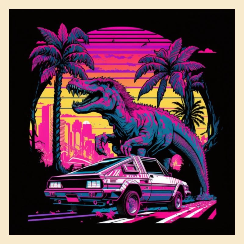 Dinosaurier mit Neonfarben, Synthwave / 80er Jahre