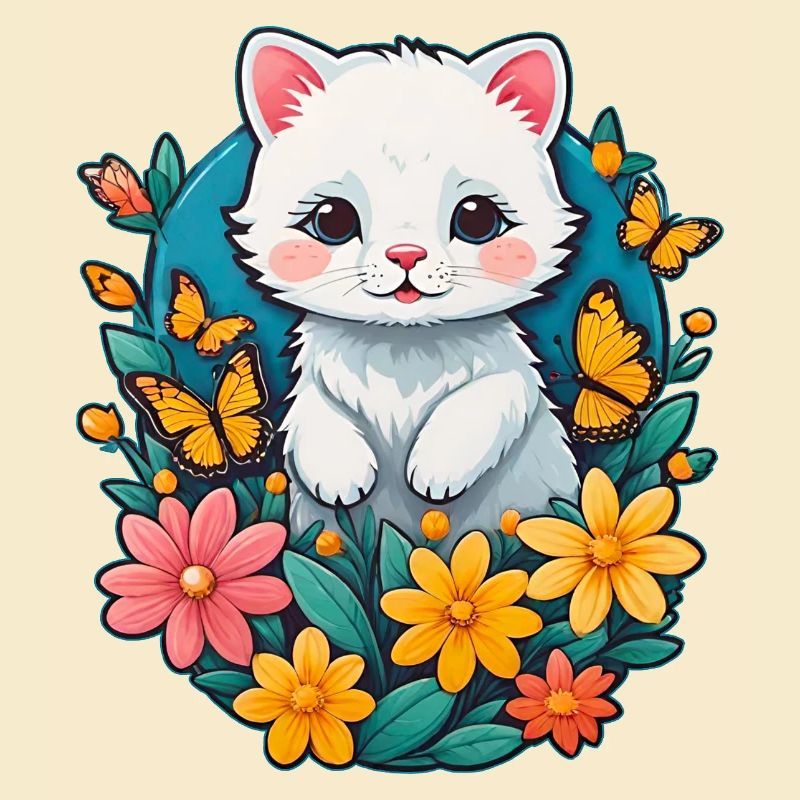 Chaton blanc à fleurs