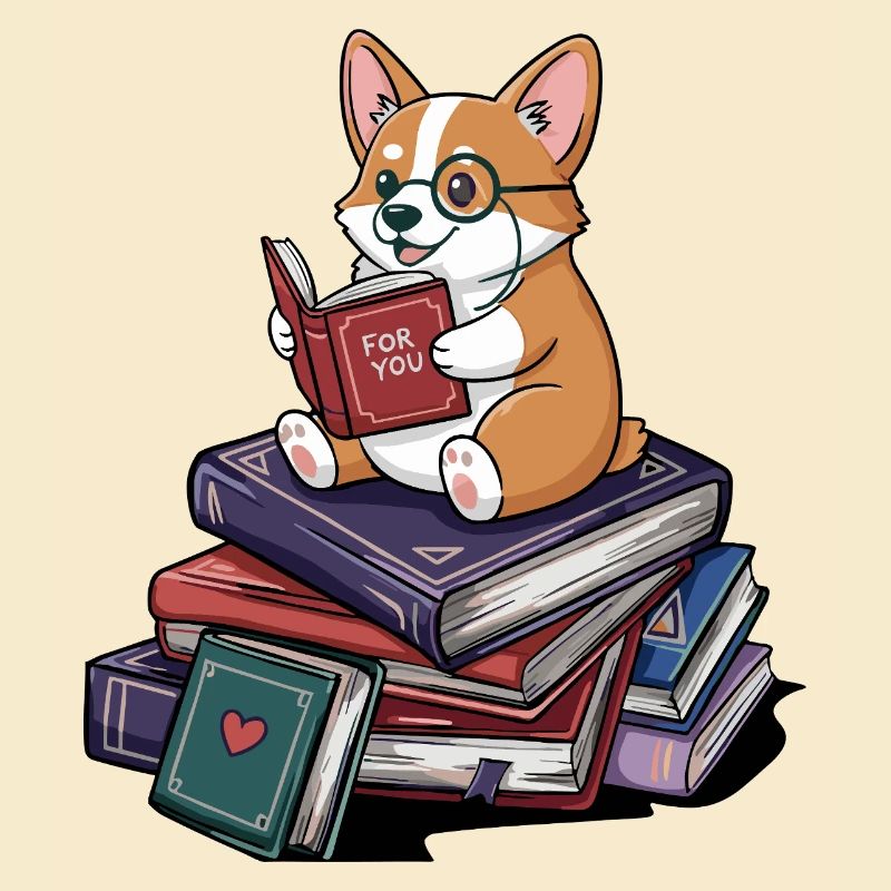 Bücherwurm-Corgi-Hund liest Bücher Kunst