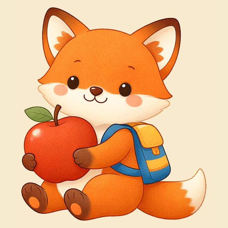 Cuddly fox with apple and backpack