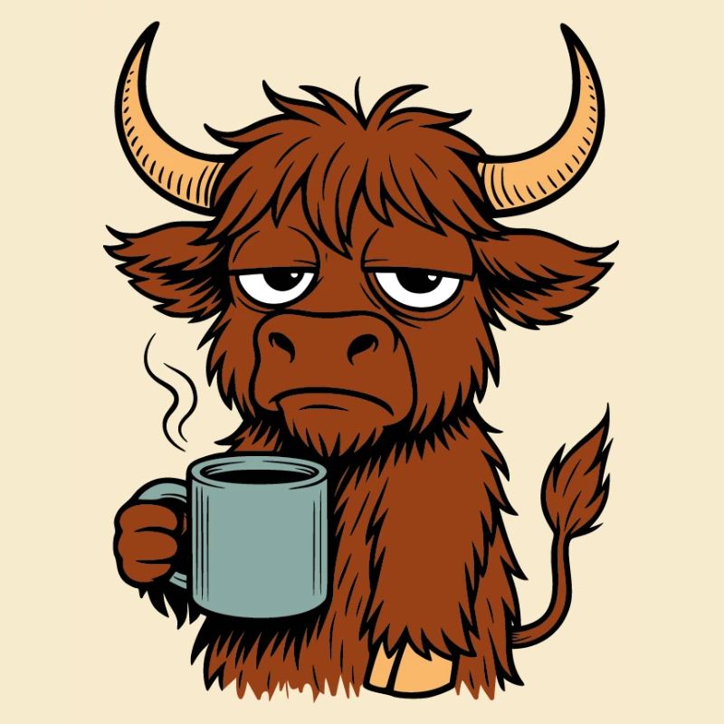 Hochlandrind mit Kaffeebecher 