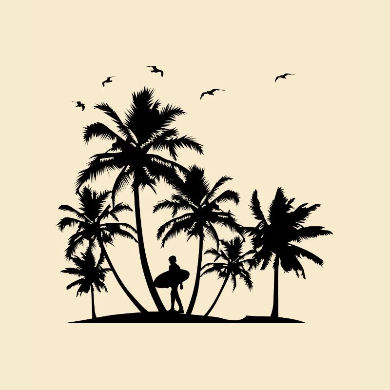 Beach palm trees surfer silhouette