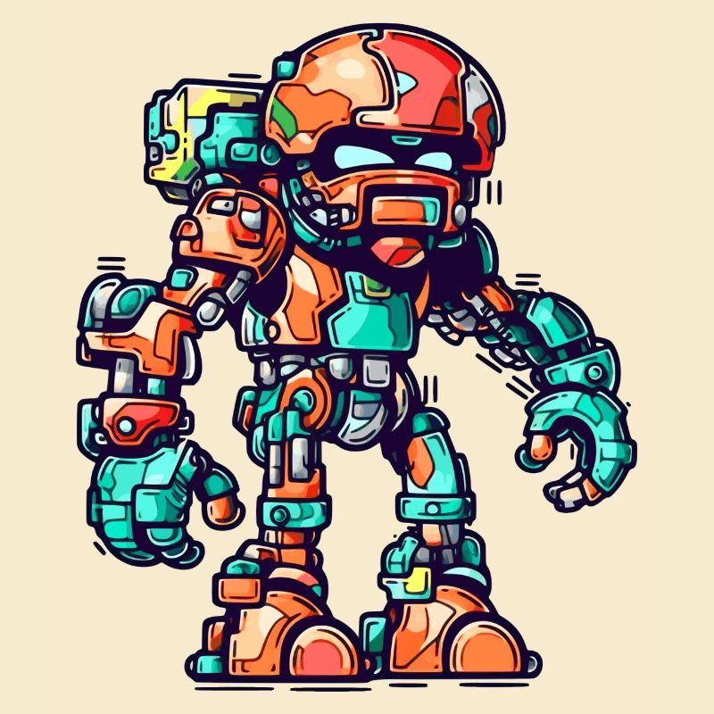 Roboter Comic mit bunter Rüstung und Helm