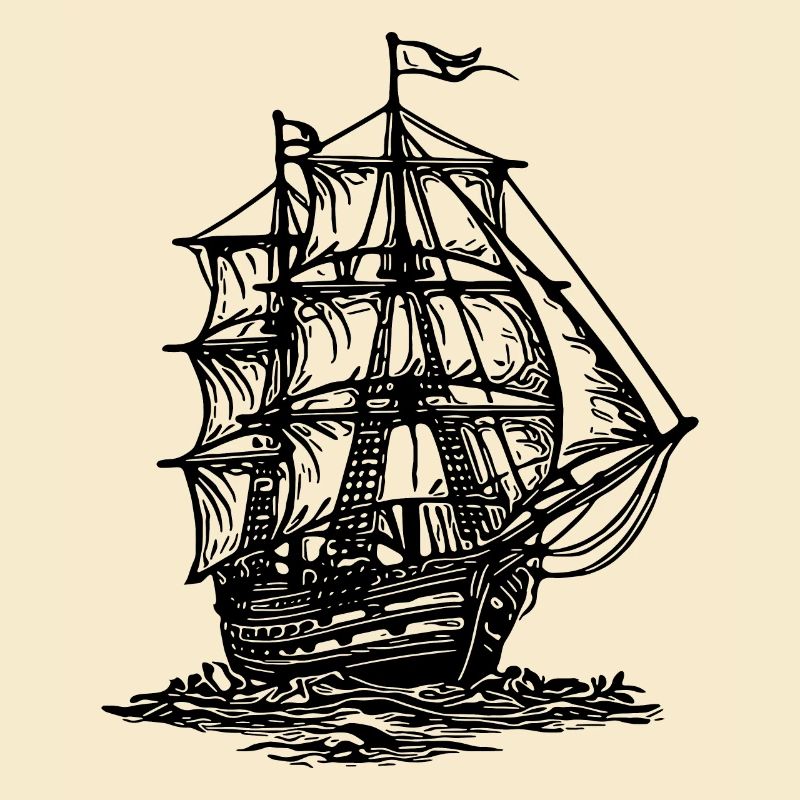 Old sailing ship with two masts under sail