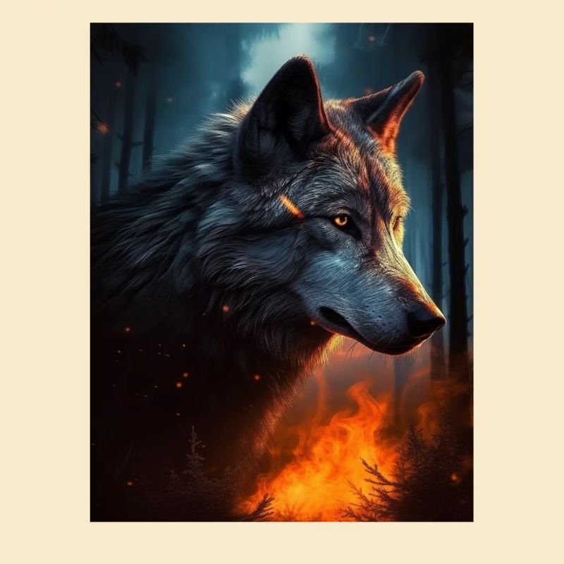 Loup solitaire dans la forêt de feu