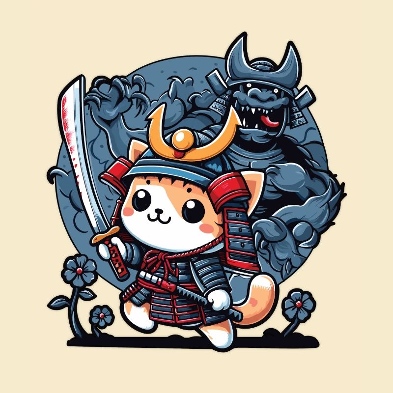 Samurai-Ninja-Katze und Monster dahinter