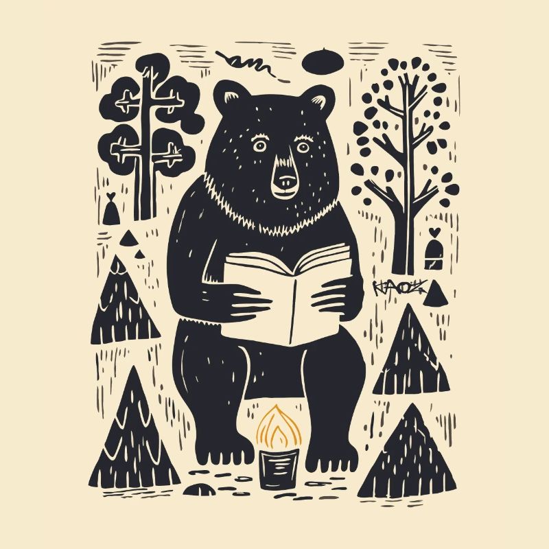 Ein Bär liest ein Buch im Wald