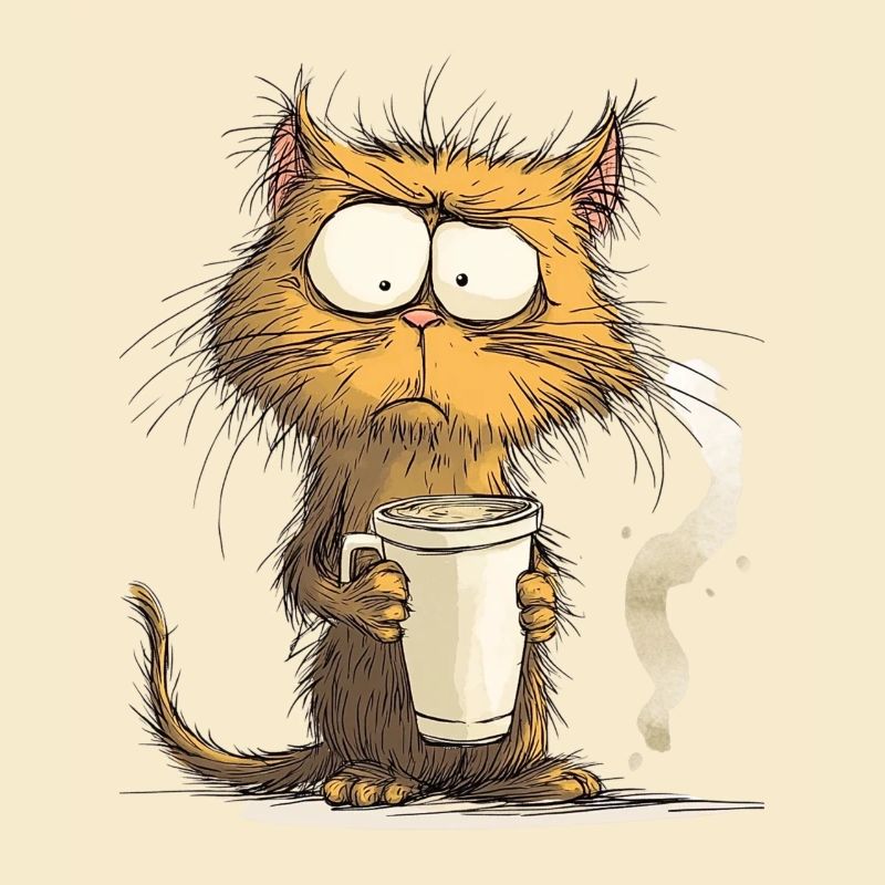 Morgenmuffel Katze mit Kaffee