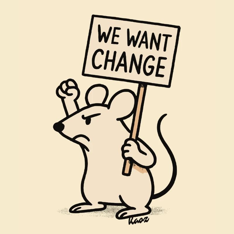 Protest-Maus mit Schild: „Wir wollen Wandel“