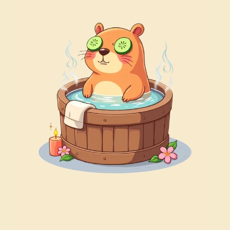 Capybara dans le bain avec des tranches de concombre
