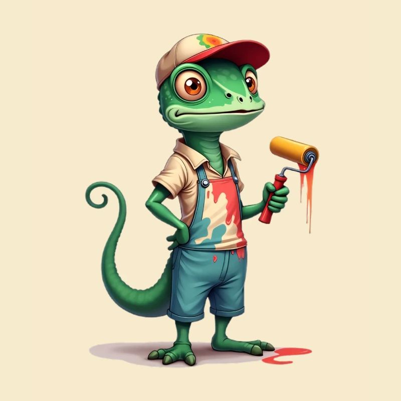 Chameleon painter cartoon with paint roller