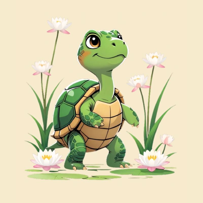 Tortue heureuse dans une mer de fleurs