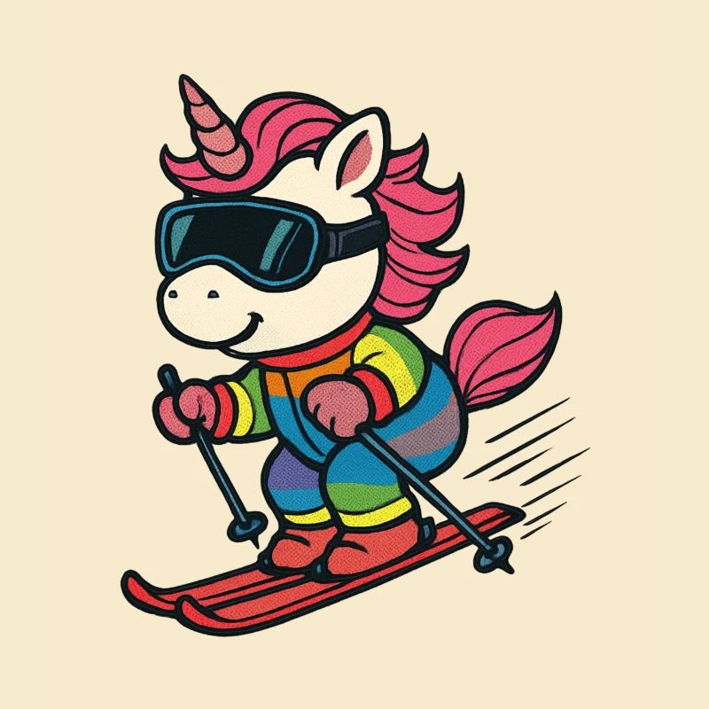 süßes Ski-Einhorn im Regenbogenanzug