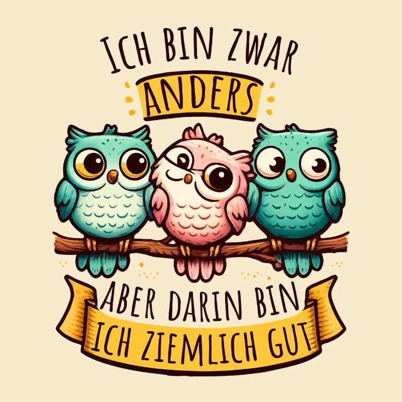 Anderssein Spruch mit bunten Eulen