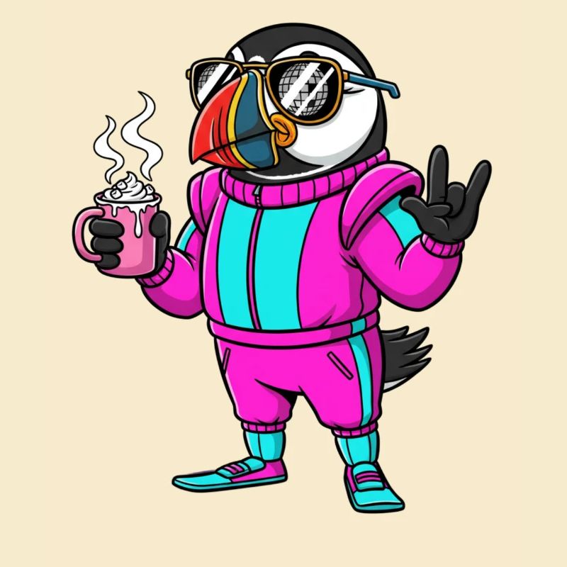 Stylischer Vogel im Ski-Overall mit Kaffee