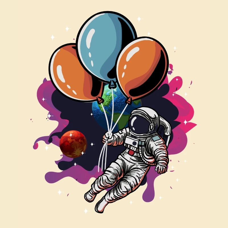 Astronaute avec essaim de ballons dans l’espace