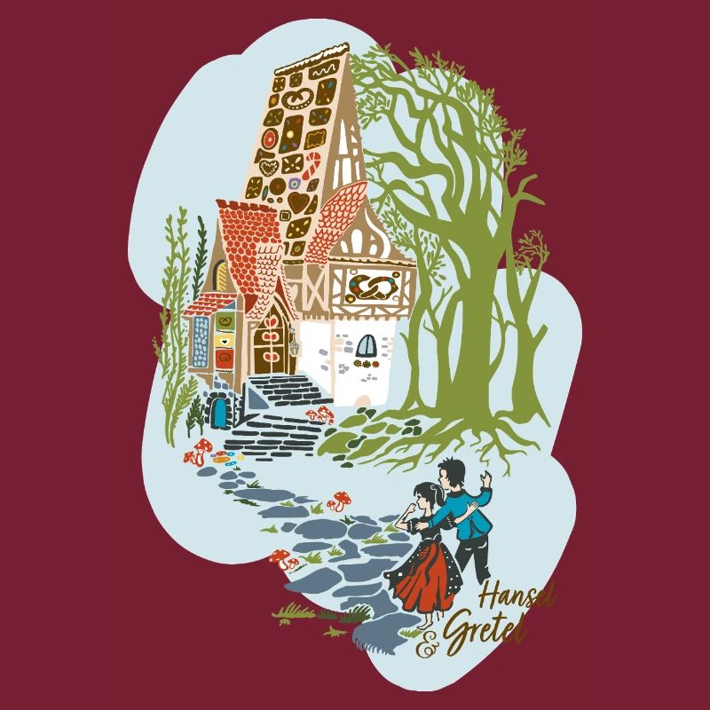Hansel et Gretel devant la maison de la sorcière