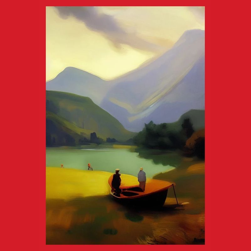 Landschaft mit See, Boot und Berge