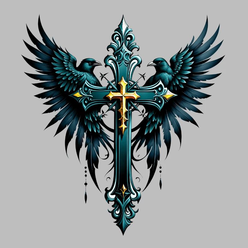 Gothic cross with decorative elements and birds.