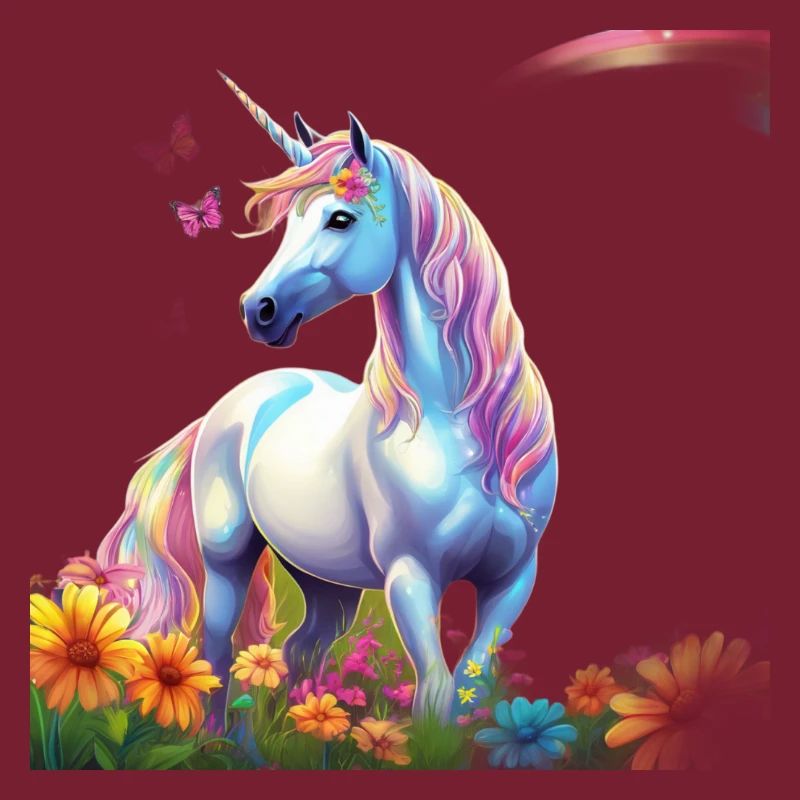 Himmlisches Einhorn im Blumenfeld mit Schmetterlin