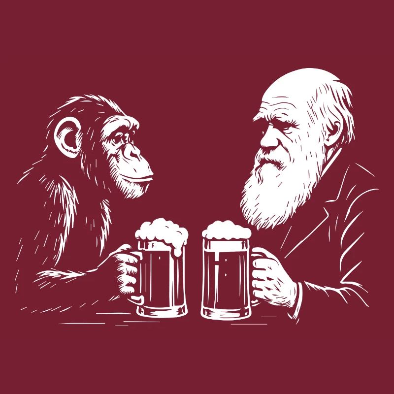 Charles Darwin trinkt Bier mit Affe