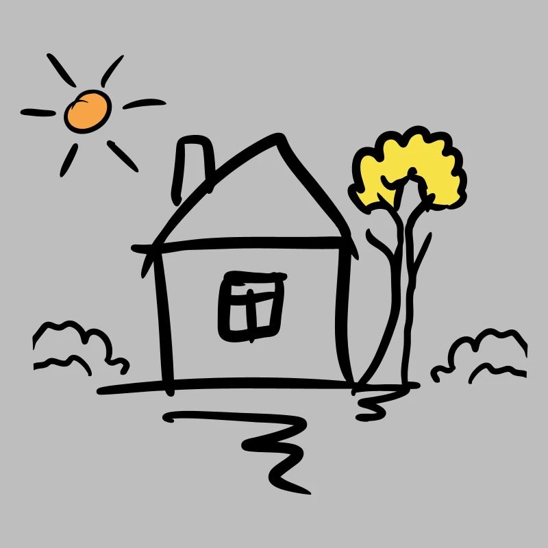 Maison avec arbre et soleil. Dessin. Dessiné à la main