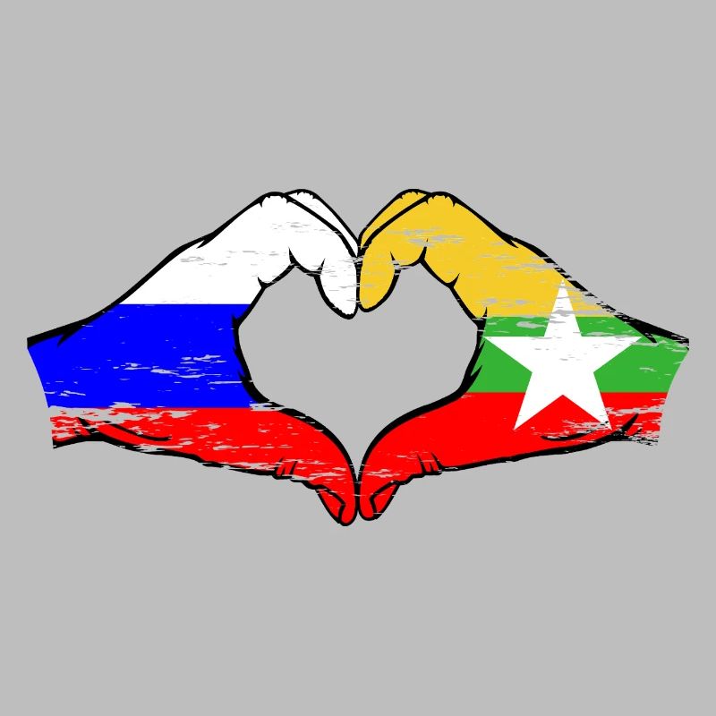 Russie Myanmar drapeau mains forme de coeur utilisé