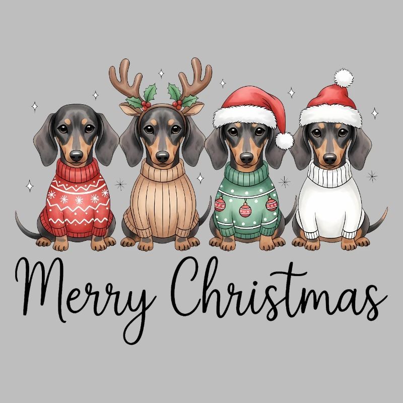 Vier Dackel, Dachshunde in Weihnachtspullover