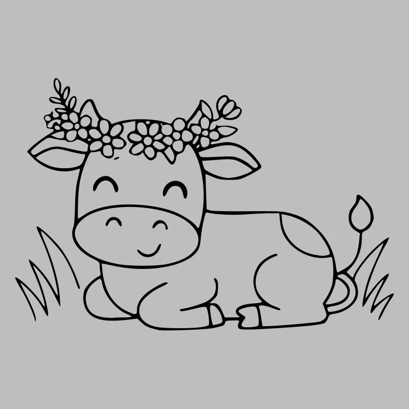 Süße Kuh Blumenkranz Boho Outline