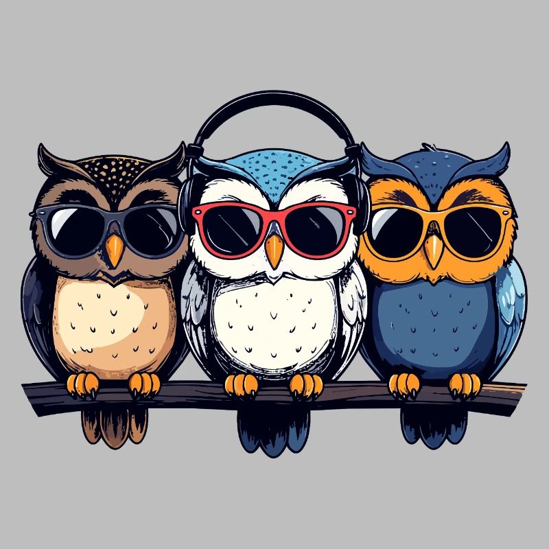 Drei coole Eulen Trio mit Sonnenbrille Kopfhörer